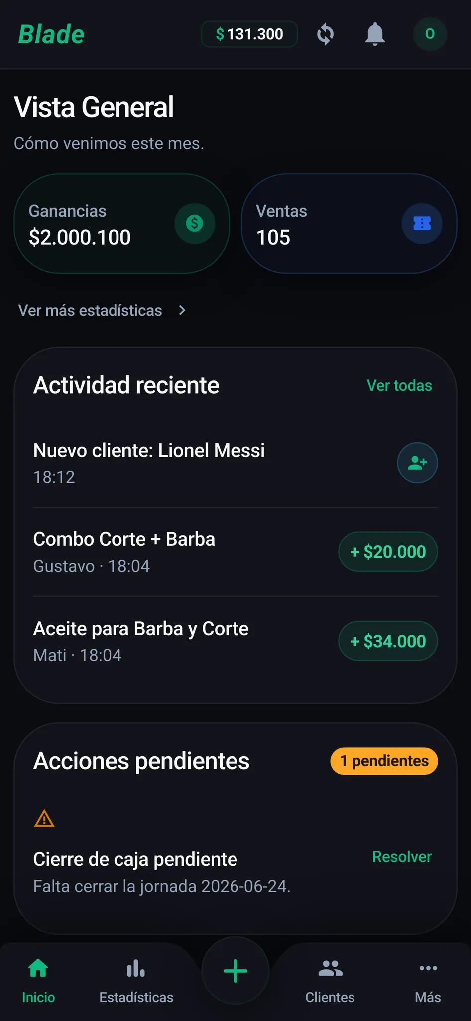 Vista general del dashboard de Blade